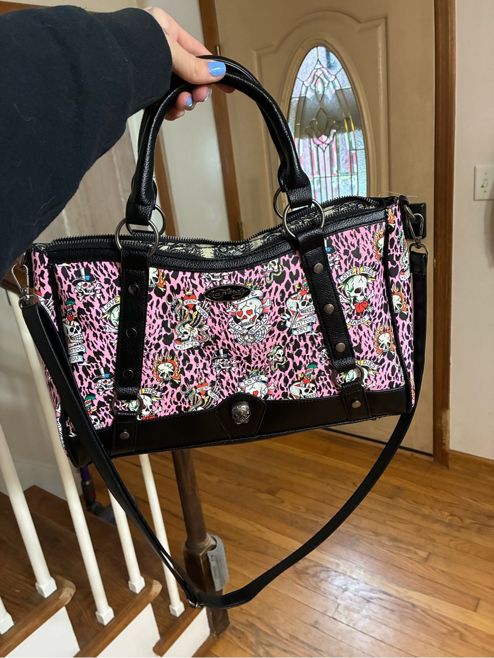 Ed Hardy Pink Leopard Skull Satchel with Black Trim